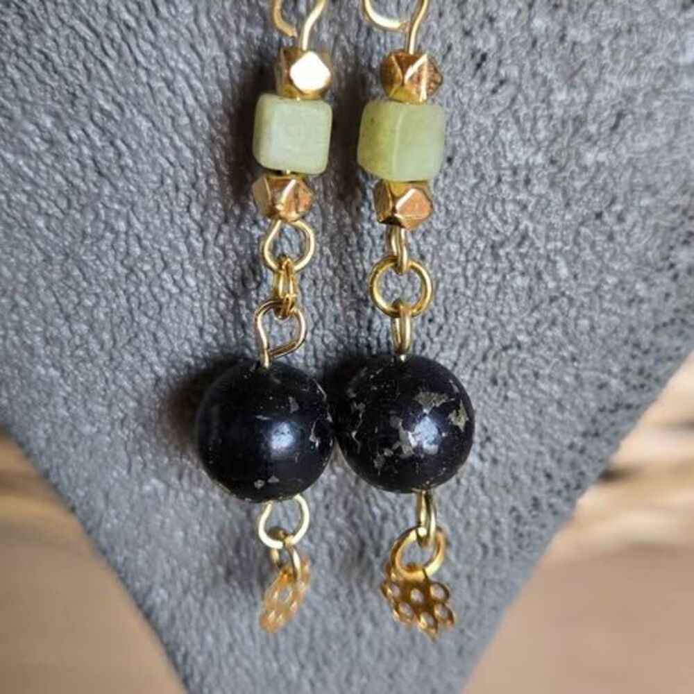 Handmade Black & Green Beaded Dangle Earrings | Glass & Acrylic | Gold Tone